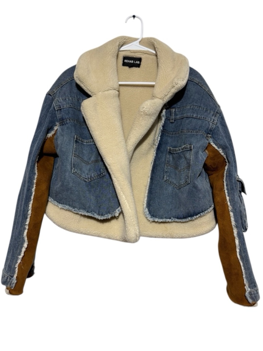 Rehab Lab Sherpa Patchwork Jacket Women Size S Denim Jean Faux Suede Distressed‎
